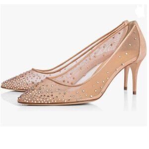 XYD Nude Mid Heel Pumps Rhinestones Mesh Slip On Pointed Toe Evening Bridal Shoe